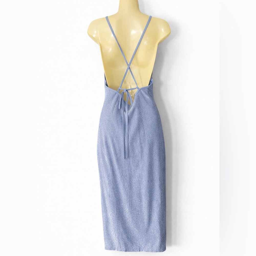 SHEIN Blue Cowl Neck Open Back Bodycon Dress Medium Spaghetti Strap Slit Midi - Picture 2 of 8